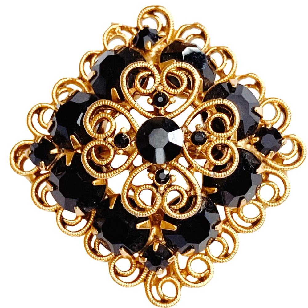 Vintage Gold Filigree Brooch Black Glass Rhinestones Scrollwork Tiered Layered